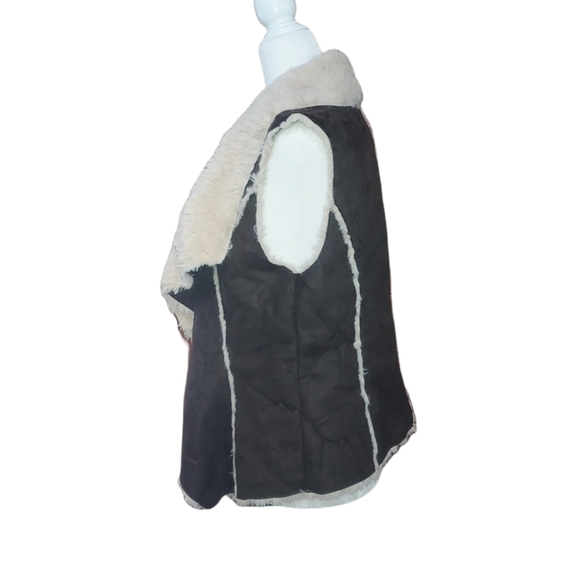 Knox Rose M Open Front Faux Fur Vest Over Coat Sleeveless Patchwork Brow… - Picture 4 of 5